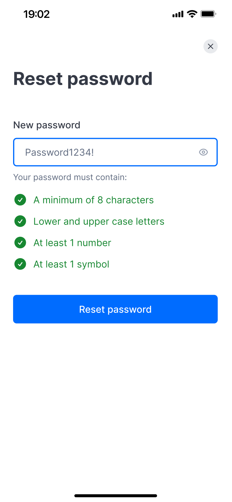 Reset password screen